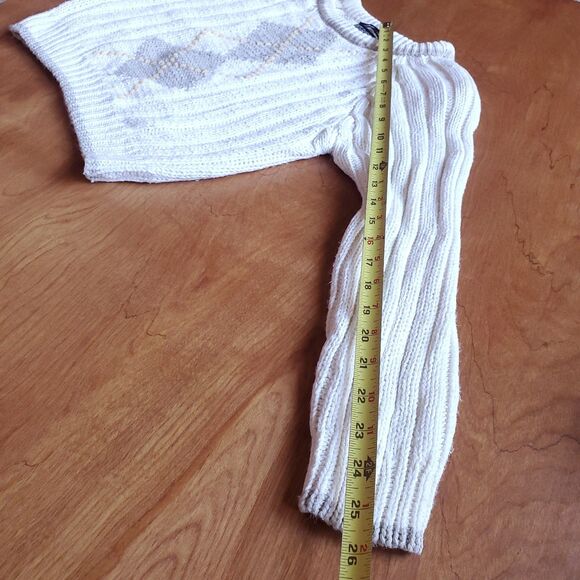 Vintage 90s Hand Knit Cropped Sweater XS Petite Long Sleeve Argyle Chunky Preppy - Picture 8 of 9